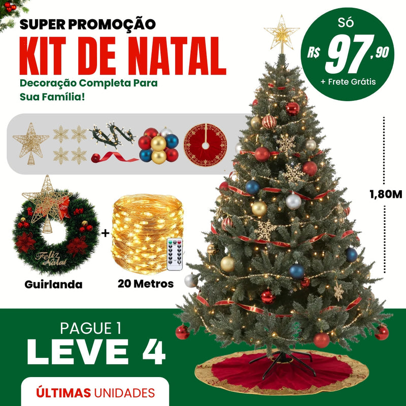 (PROMOÇÃO) Kit de Natal Completo - Árvore 1.8m decorada, Guirlanda e 20m de Pisca c/ Controle